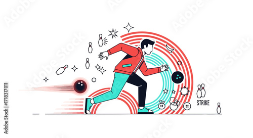Illustrative artwork depicting a bowler in action, emphasizing movement and strike success using