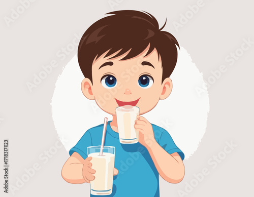 Cute little boy with glass of milk drink image vector isolated on white background.