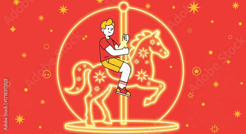 Illustrative carousel scene featuring a boy on a horse with festive star decorations providing a