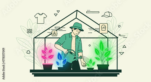Illustrative depiction of a gardener watering plants inside a greenhouse structure