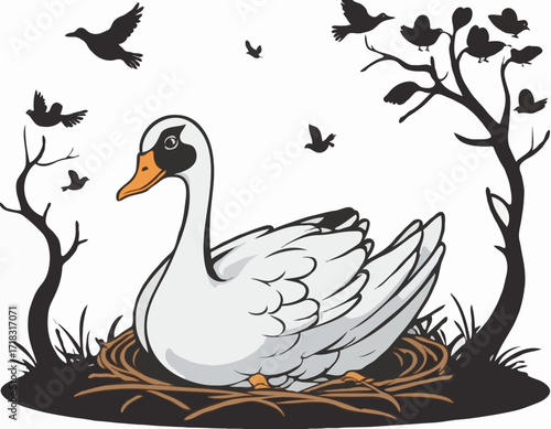 Mother Goose Protecting Young Nest Image vector isolated on white background.