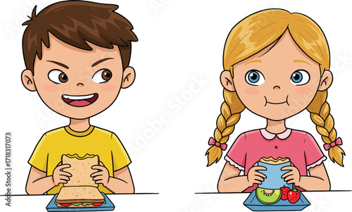 Happy children eating lunch together, boy holding sandwich, girl with healthy wrap and fruit, kids enjoying meal, cute cartoon illustration, education