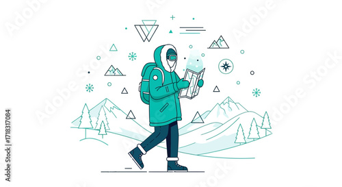 Illustrative depiction of a winter trekker navigating mountainous terrain with a map