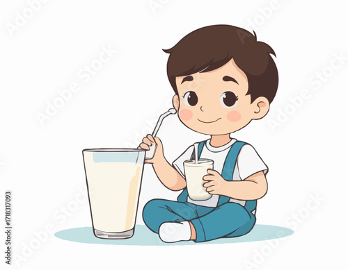 Cute little boy with glass of milk drink image vector isolated on white background.