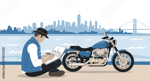 Illustrative scene showcasing a man sketching a city skyline near his motorcycle
