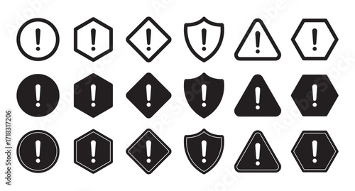 Warning symbols, Alert icons, Exclamation mark set, Caution signs, Safety hazard shapes vector in black and white color.