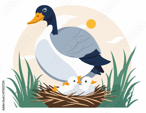 Mother Goose Protecting Young Nest Image vector isolated on white background.