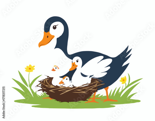 Mother Goose Protecting Young Nest Image vector isolated on white background.