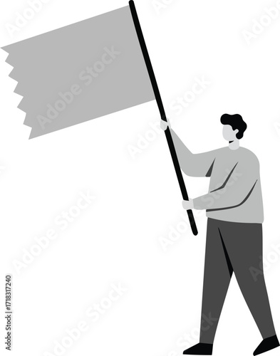 Person Holding Blank Flag Vector Illustration with Monochrome Colors and Minimalist Style 