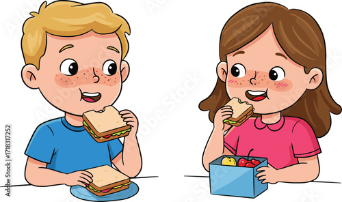 Happy children eating sandwiches, lunchbox with fruit, picnic moment, smiling kids, healthy meal, childhood nutrition, outdoor snack, joyful lunchtime scene