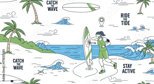 Line art illustration of a woman preparing to surf on a tropical beach scene