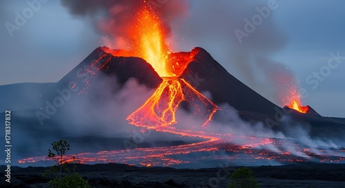 Volcanic Eruption - Fiery Lava Flow and Dramatic Landscape.