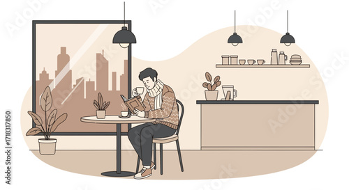 Man reading a book and drinking coffee in cafe with city view illustration style