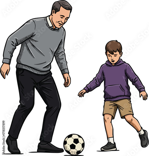 Father and son playing soccer together in casual clothing enjoying outdoor activity vector illustration 