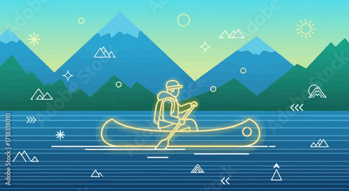 Minimalist illustration of a man canoeing in a scenic mountain landscape with clean lines