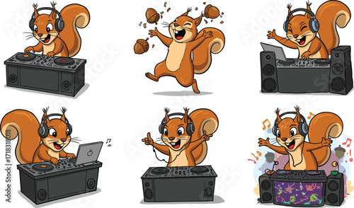 Cartoon Squirrel DJ Character Set Featuring Acorn Tossing, Turntable Poses, and Musical Celebration for Entertainment and Lifestyle Projects