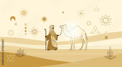 Minimalist vector art depicting a desert landscape with a man and camel for travel and culture