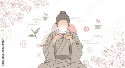 Minimalist Japanese Tea Ceremony Illustration with Woman and Cherry Blossoms in Pastel Tones