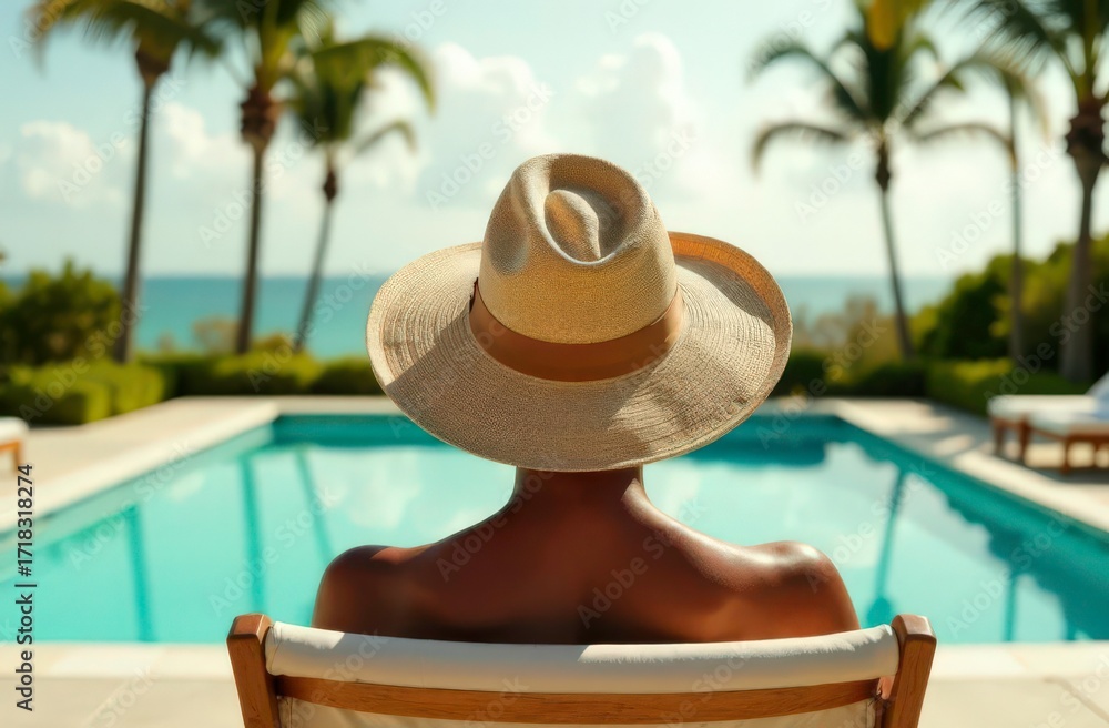 Obraz premium A woman wearing a straw hat is sitting in a chair by a pool. The pool is surrounded by palm trees and the woman is looking out at the water. Concept of relaxation and leisure