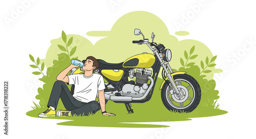 Motorcycle rider taking a break to hydrate in a nature illustration relaxing moment