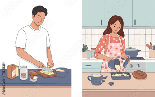 Home baking, banana bread preparation, kitchen teamwork, cooking ingredients, batter pouring, food process, culinary lifestyle, domestic activity, modern kitchen, family recipe
