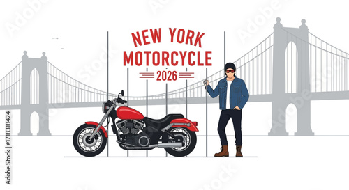 New York Motorcycle 2026 Illustration Featuring a Motorcyclist and Classic Bike Design