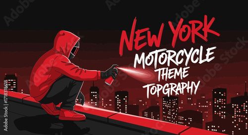 Red hoodie graffiti artist spraying in New York City rooftop cityscape background