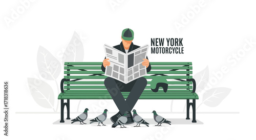 Relaxing moment: Man reading newspaper on park bench surrounded by pigeons in serenity