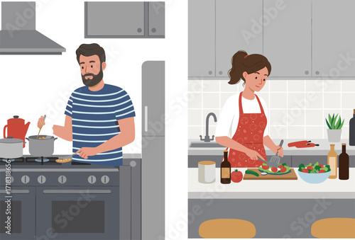 Home cooking, kitchen lifestyle, man and woman preparing food, domestic routine, culinary activity, modern kitchen, salad prep, stove, teamwork, meal