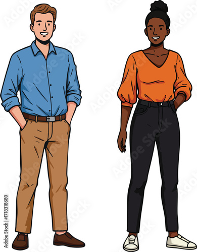 Diverse young man and woman standing casually in modern casual clothing illustration vector design 