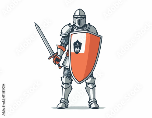 Brave knight stands in full armor holding a sword and shield image vector isolated on white background.