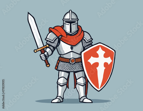 Brave knight stands in full armor holding a sword and shield image vector isolated on white background.