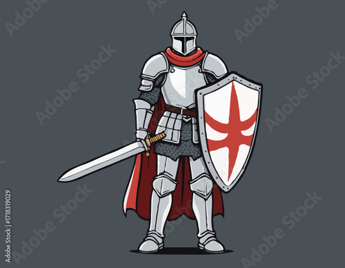 Brave knight stands in full armor holding a sword and shield image vector isolated on white background.