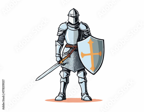 Brave knight stands in full armor holding a sword and shield image vector isolated on white background.