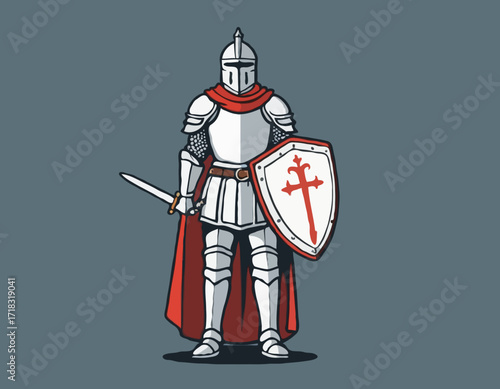 Brave knight stands in full armor holding a sword and shield image vector isolated on white background.