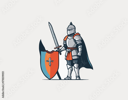 Brave knight stands in full armor holding a sword and shield image vector isolated on white background.