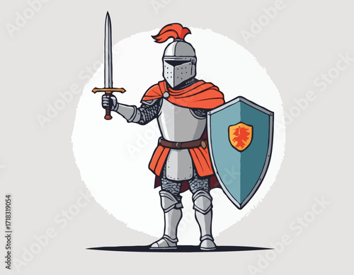 Brave knight stands in full armor holding a sword and shield image vector isolated on white background.