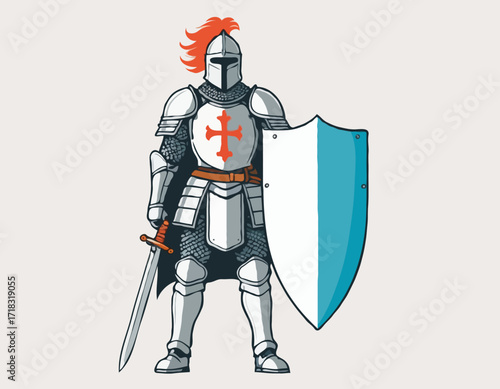 Brave knight stands in full armor holding a sword and shield image vector isolated on white background.