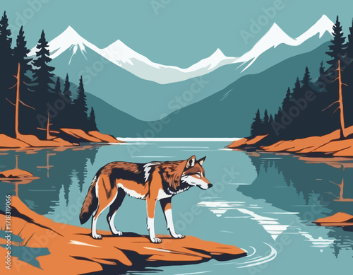 Wolf Drinking image vector. Wolf Drinking from a Lake, Vigilant and Alert in Nature