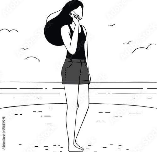 Woman standing on beach talking on phone with birds flying in background simple black and white vector illustration 