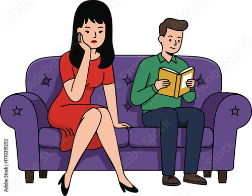 Woman in red dress sitting on purple sofa next to man reading book vector illustration 
