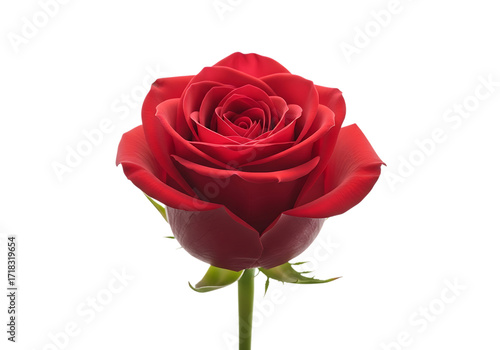 A single vibrant red rose with delicate petals and a green stem isolated on transparent background