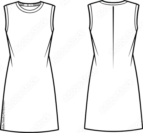 Blank sleeveless dress template front and back view, vector fashion flat sketch, casual women clothing design outline illustration, apparel mockup style