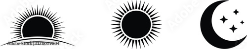 Minimal celestial icon set, sunrise, midday sun, night moon, star symbols, black and white, vector design, time of day