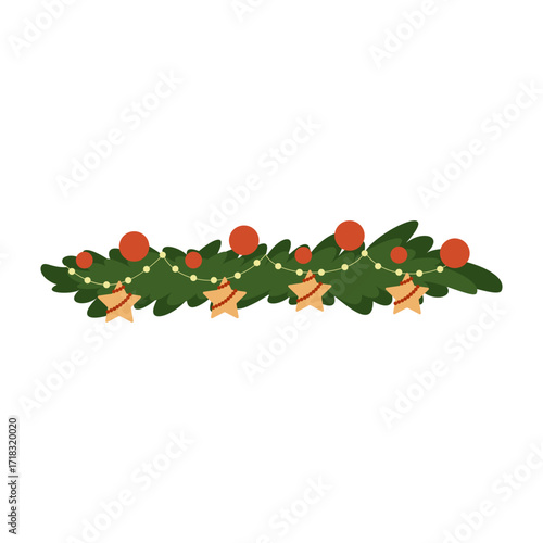 Christmas garlands with holly leaves, berries, ribbons and festive decorations