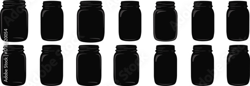 Minimalist black jars in symmetrical rows, modern kitchen storage concept, clean silhouette design, isolated containers, monochrome style, product mockup