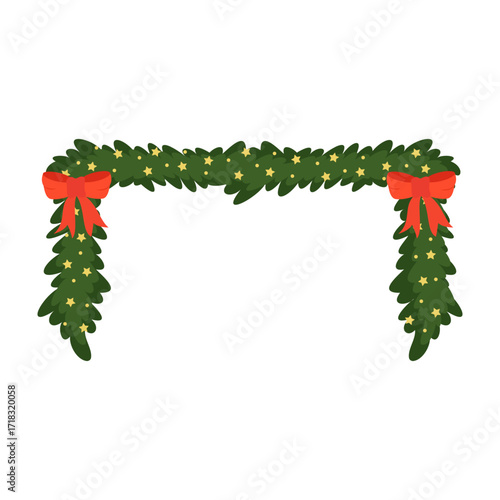 Christmas garlands with holly leaves, berries, ribbons and festive decorations