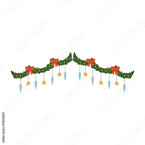 Christmas garlands with holly leaves, berries, ribbons and festive decorations