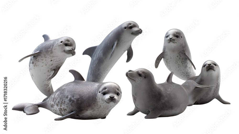 Fototapeta premium Group of seals posing together isolated on transparent background