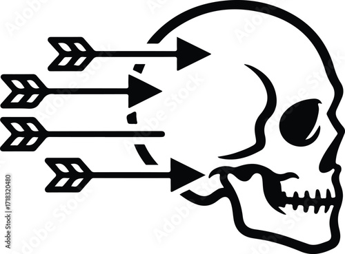 Silhouette skull pierced by arrows symbol black vector illustration